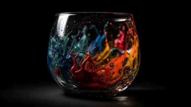 Zdjęcie kolorowe plamy w szklance whisky na czarnym tlegeneratywne ai