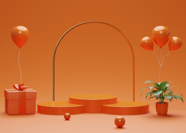 Kolorowe podium 3D z balonami i prezentami dla produktów