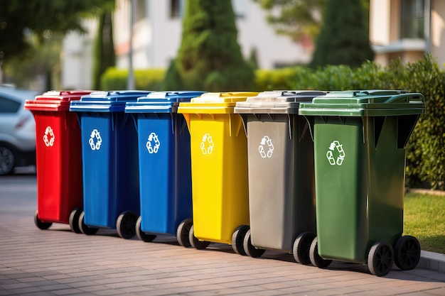 Kolorowe pojemniki do recyklingu z różnymi rodzajami recyklingu odpadów pomagające środowisku Generacyjna sztuczna inteligencja