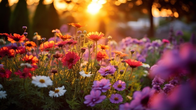 Kolorowe pole kwiatów przy zachodzie słońca