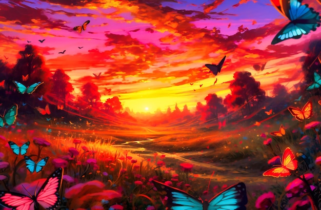 Kolorowe pole motyli o zachodzie słońca