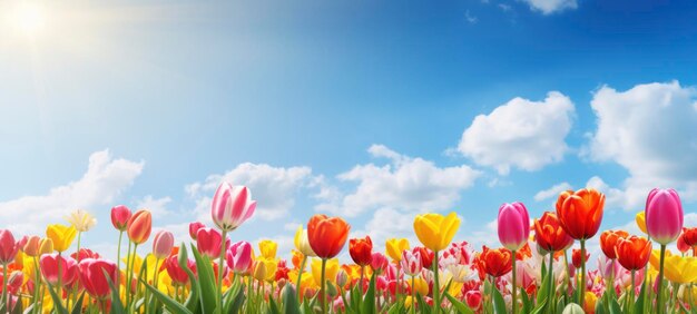 Kolorowe pole tulipanów pod słonecznym niebieskim niebem