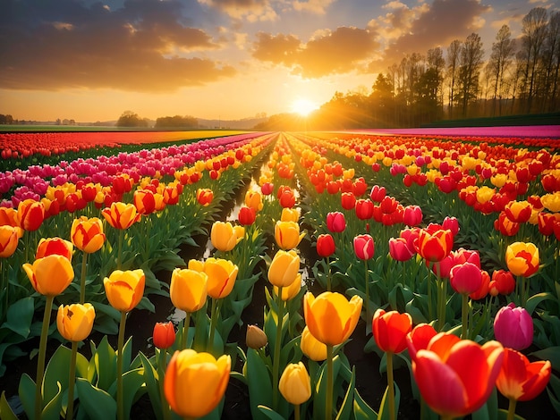 Kolorowe pole tulipanów wygenerowane przez sztuczną inteligencję
