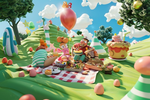 Zdjęcie kolorowe postacie z kreskówek 3d na uroczystym pikniku na wzgórzu