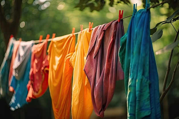Zdjęcie kolorowe pranie wiszące na sznurku w parku