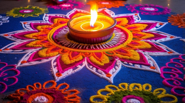 kolorowe projekty rangoli tworzone na ziemi