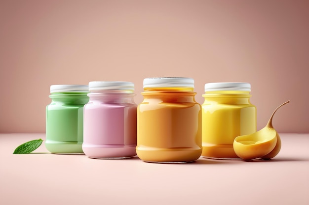 Kolorowe przeciery z jedzenia dla niemowląt w szklanych słoikach Generacja AI