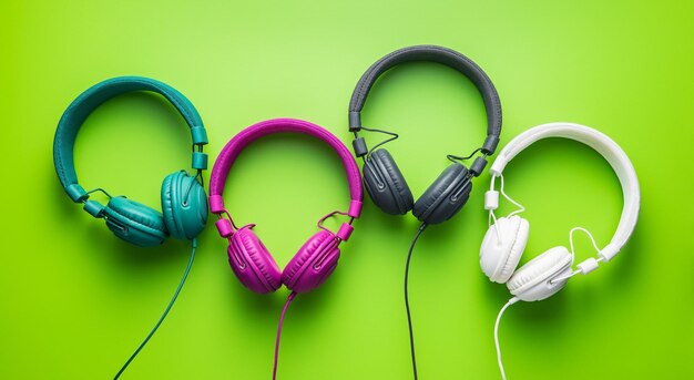 Kolorowe przewodowe słuchawki stereo na zielonym tle Widok z góry