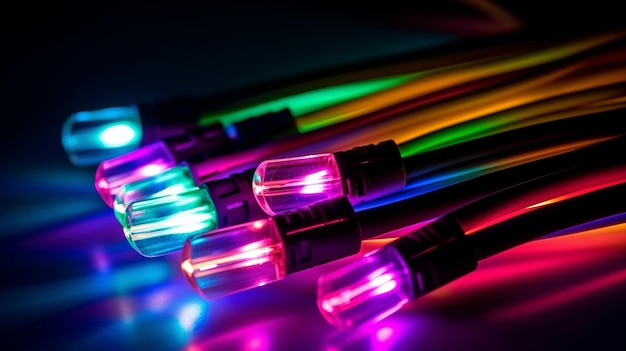 Kolorowe przewody w ciemnym pokoju z napisem „LED”.