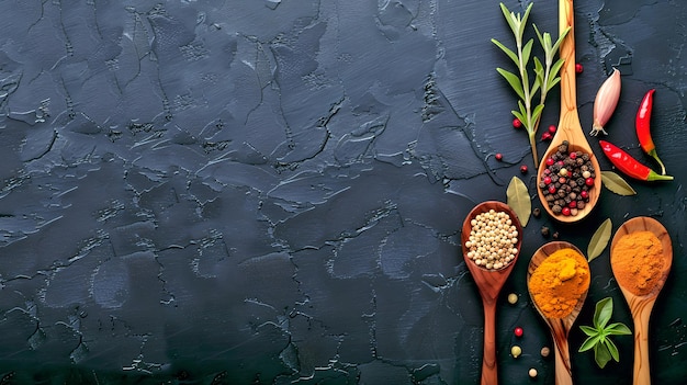 Kolorowe przyprawy w drewnianych łyżkach na ciemnym tle Koncepcyjny obraz przyprawy Kuchnia i podstawy kulinarne Naturalne składniki do gotowania AI