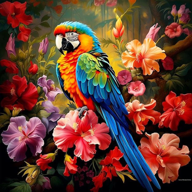 Kolorowe ptaki papuga z drzewem kwiatowym na gałęzi generowane przez Ai
