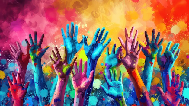 Zdjęcie kolorowe ręce w górę ilustracja koncepcji pracy zespołowej charytatywnej święto kolorów