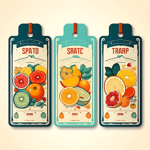 Kolorowe Retro Fruit Shop Tag Card Vinyl Tag Card Retro Badge Shape R szkic akwarelowy