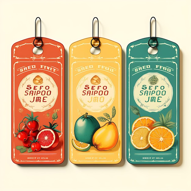 Kolorowe Retro Fruit Shop Tag Card Vinyl Tag Card Retro Badge Shape R szkic akwarelowy