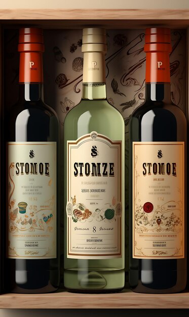 Zdjęcie kolorowe retro inspirowane opakowanie etykiety wina z vintage i wyblakłym kreatywnym projektem koncepcji pomysłów