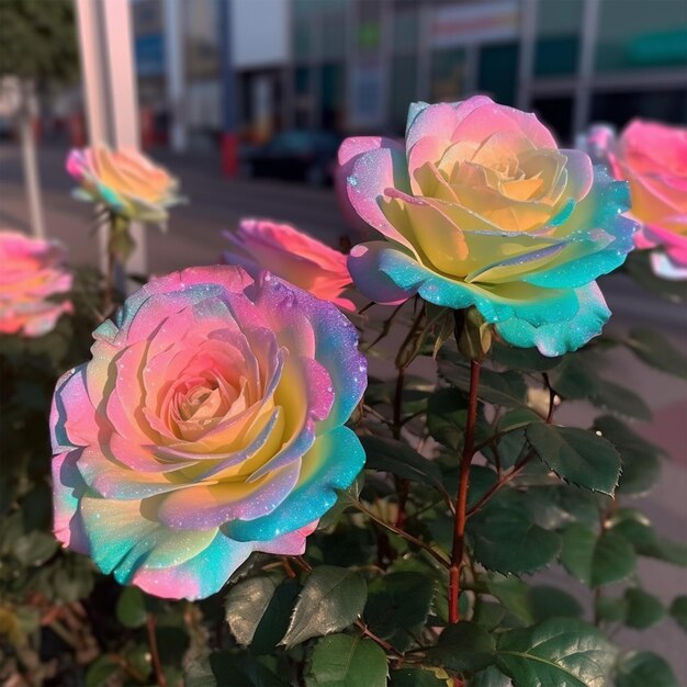 Kolorowe róże rosy kwitnące na ulicy