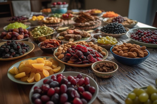 Kolorowe rozprzestrzenianie się dat, świeżych owoców i innych tradycyjnych potraw ułożonych na stole