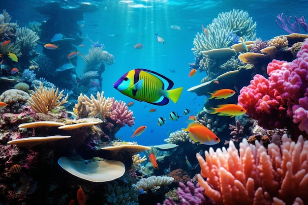 Kolorowe ryby pływają w rafie koralowej z innymi kolorowymi rybami tropikalnymi.