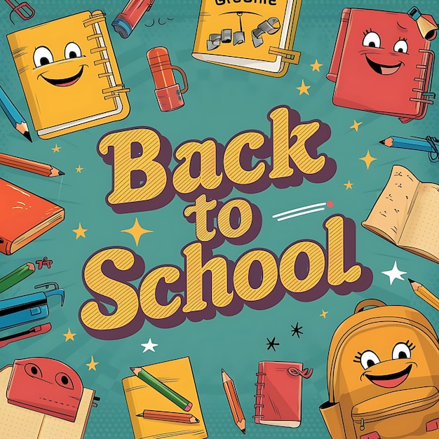 Kolorowe rysunki szkolne z "Back to School" na tle tablicy