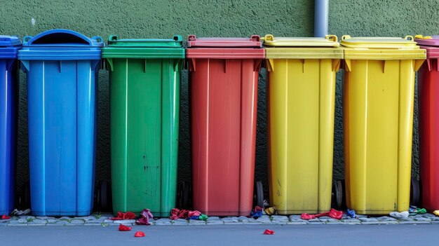 Kolorowe rzędy koszyków do recyklingu ustawione w kolejce do segregacji odpadów