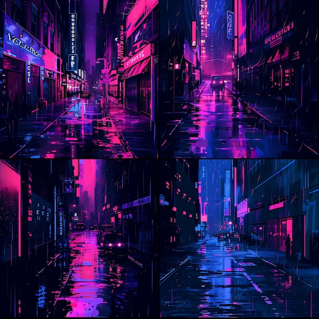 Kolorowe sceny uliczne Neon Synthwave Cyfrowe ekrany Atmosferyczna ilustracja Nig