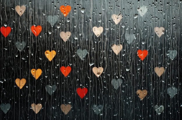 Zdjęcie kolorowe serca za mokrym szklanym banerem na dzień walentynek