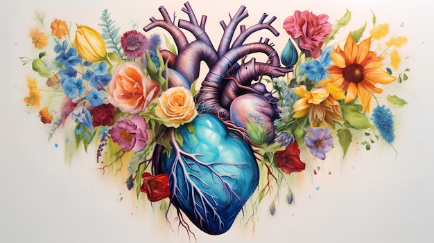 Zdjęcie kolorowe serce kwiatowe anatomiczne serce z kwiatami kwiatowe realistyczne serce prawdziwe kwiaty serca