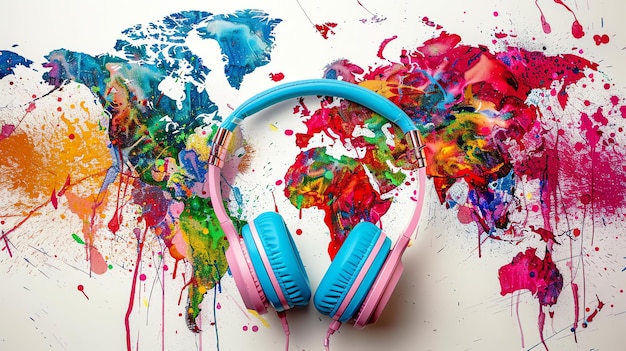 Zdjęcie kolorowe słuchawki na tle mapy świata koncepcja muzycznej podróży i eksploracji
