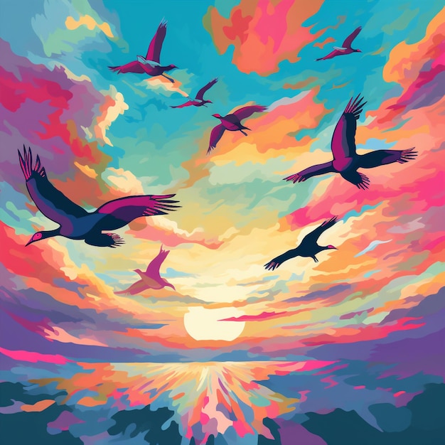 Kolorowe stado ptaków w stylu pop-artu w hipnotyzujących wzorach lotów
