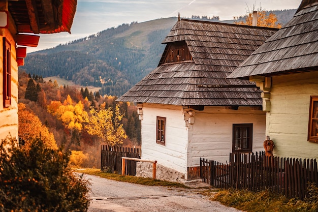 Zdjęcie kolorowe stare drewniane domy w dziedzictwie vlkolinec unesco górska wioska z architekturą ludową vlkolinec ruzomberok liptov słowacja