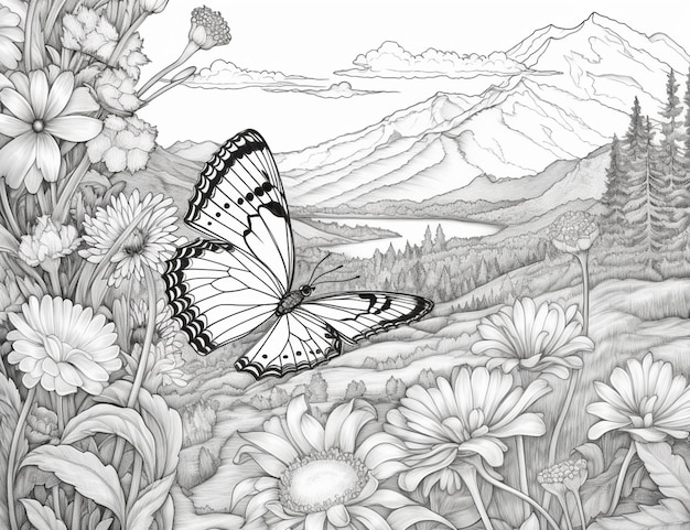 Zdjęcie kolorowe strony motyli i kwiatów z górami w tle generatywny ai