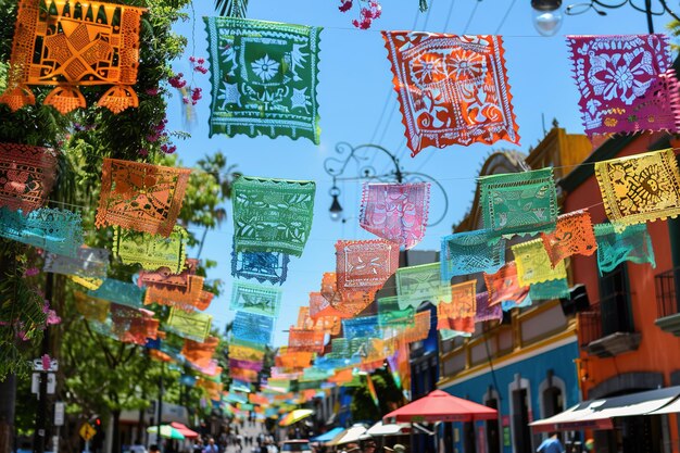 Kolorowe strumienie papel picado latają nad tętniącą życiem ulicą, przywołując