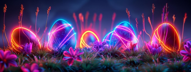 Zdjęcie kolorowe świecące neonowo jaja wielkanocne ukryte na trawie wiosna chrześcijaństwo religia święto futuris