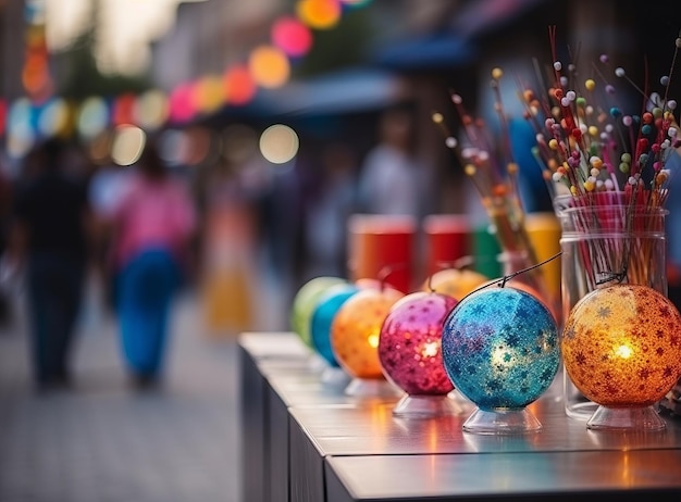 Kolorowe szklane kulki wystawione na stole na tętniącym życiem targu ulicznym z ludźmi i wiszącymi światłami