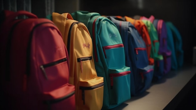 Zdjęcie kolorowe szkolne plecaki ustawione w kolejce tworzyły sztukę.