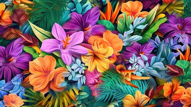Kolorowe tło wielu kolorowych kwiatów różnych typów i zielonych liści ilustracji przyrody