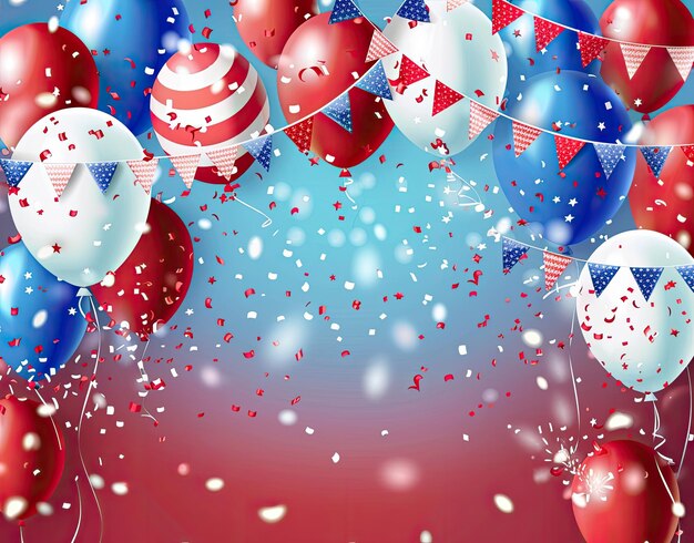 Zdjęcie kolorowe tło z czerwonymi, białymi i niebieskimi balonami z sercami i flagami