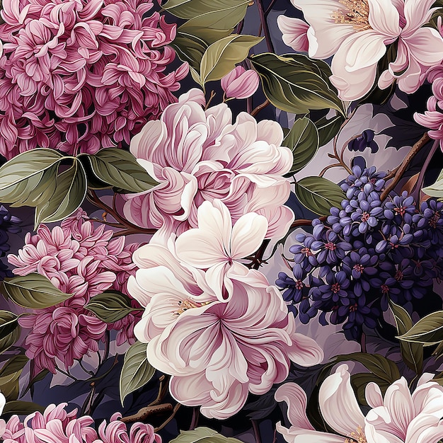 Kolorowe tło z fioletowymi kwiatami i zielonymi liśćmi.