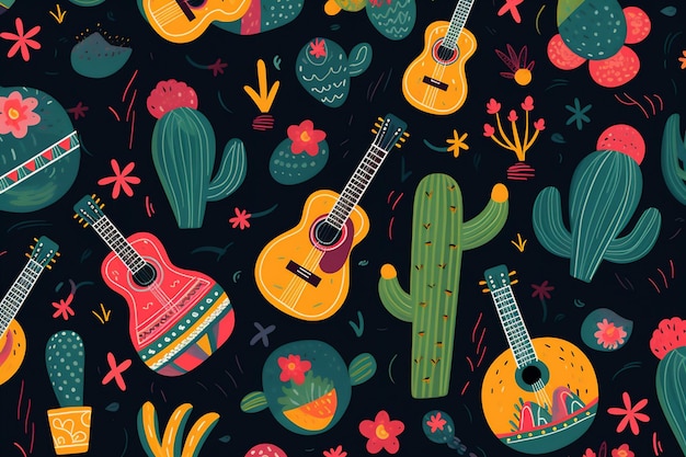 Kolorowe tło z gitarami i kaktusami.
