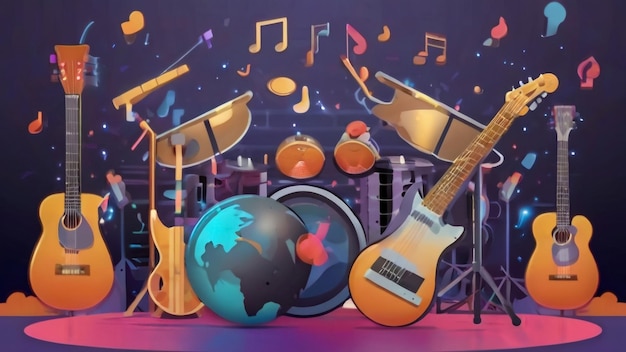 kolorowe tło z instrumentami muzycznymi i gitarą