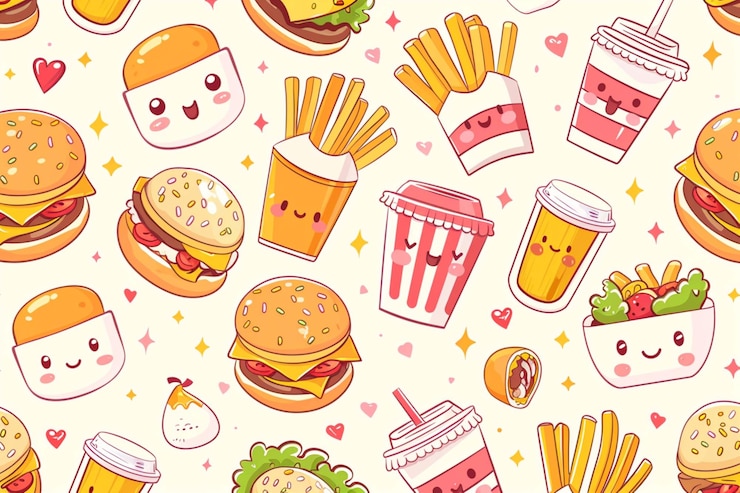 Zdjęcie kolorowe tło z różnorodnymi fast foodami, w tym hamburgerami, makaronami i serem