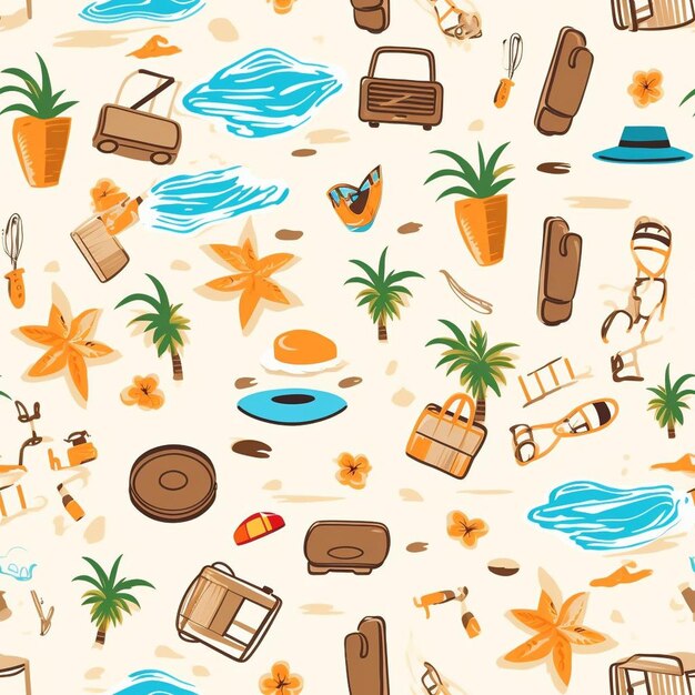 Zdjęcie kolorowe tło z różnymi przedmiotami, w tym plażą, palmami i zabawkami plażowymi.