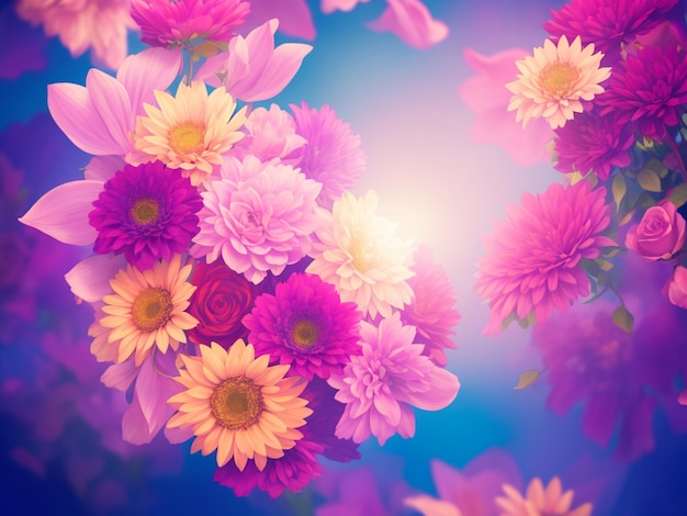 Kolorowe tło z różowymi i żółtymi kwiatami.