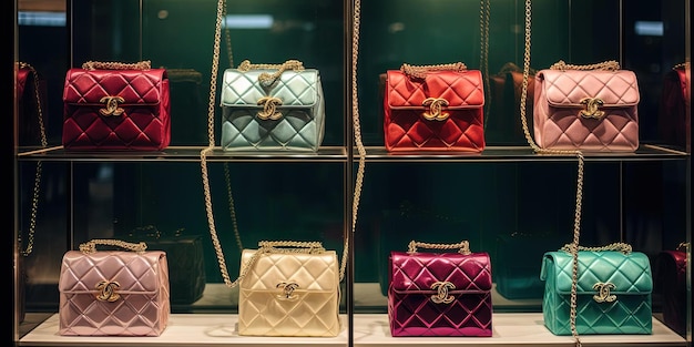Kolorowe torebki jedwabnych Chanel wystawione w wystawie sklepowej w stylu ciemnego magenty i światła