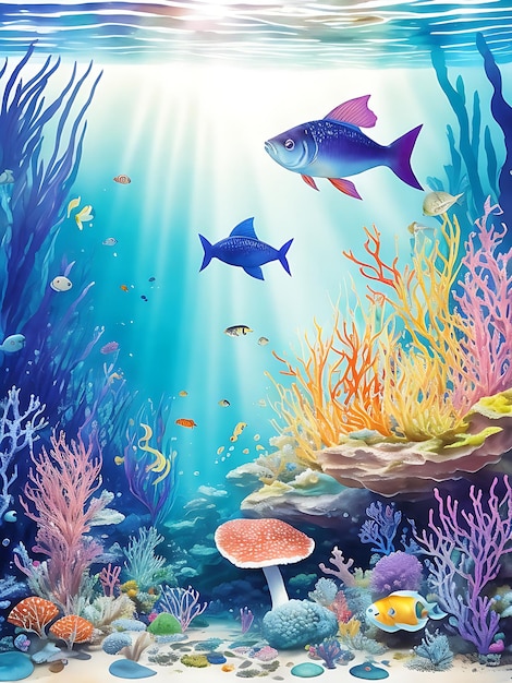 Kolorowe tropikalne ryby w jasnym podwodnym świetle słonecznym Ai generowane tło