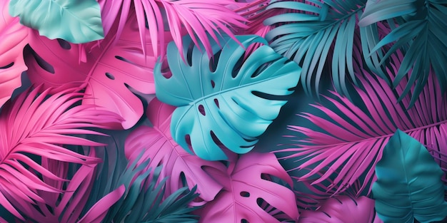 Kolorowe tropikalne tło z liśćmi palm i liśćmi monstera Top view Minimalna moda letnia