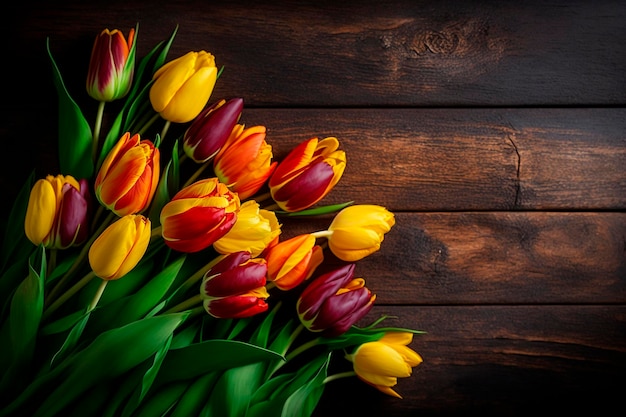 Kolorowe tulipany na drewnianym tle