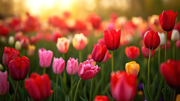 Kolorowe tulipany rosną i kwitną blisko siebie