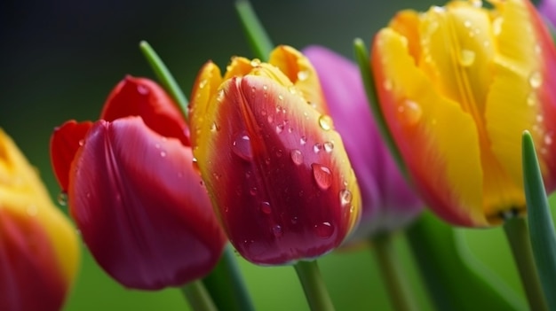Kolorowe tulipany z kropelkami wody na dnie