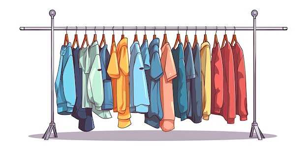 Kolorowe ubrania lub odzież wisząca na wieszakach na wieszaku lub szynie izolowana na białym tle Organizacja lub przechowywanie odzieży Wewnętrzna przestrzeń szafy lub garderoby Styl ilustracji rysowany ręcznie